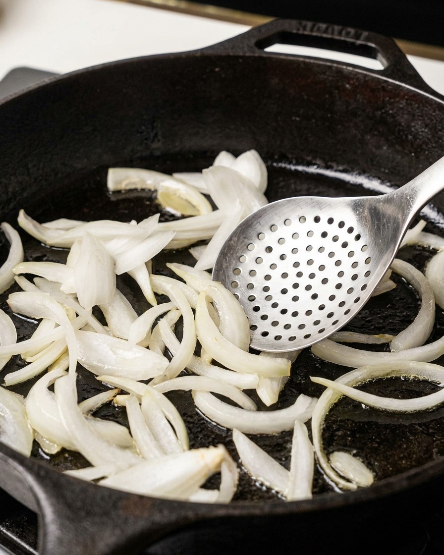 Thinly sliced white onions cooking and being stirred with a metal slotted spoon in a hot cast-iron skillet.