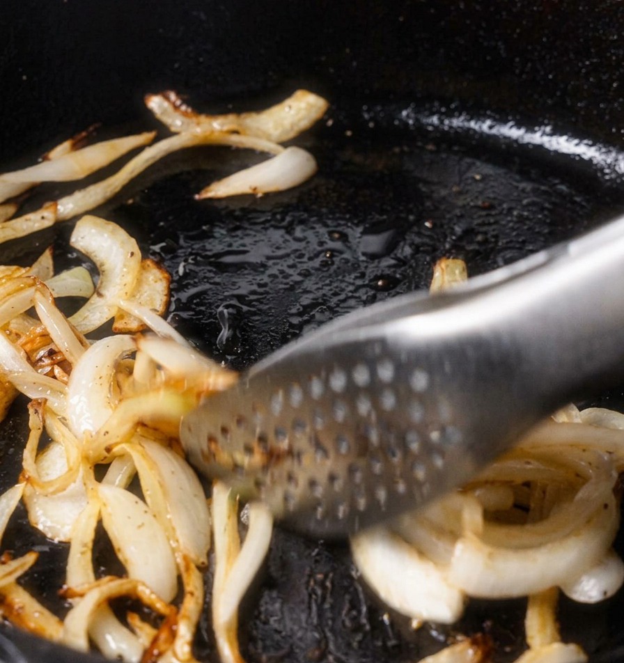 Sautéed onion slices being stirred with metal tongs in a dark cast-iron skillet, showing distinct browning and caramelization.