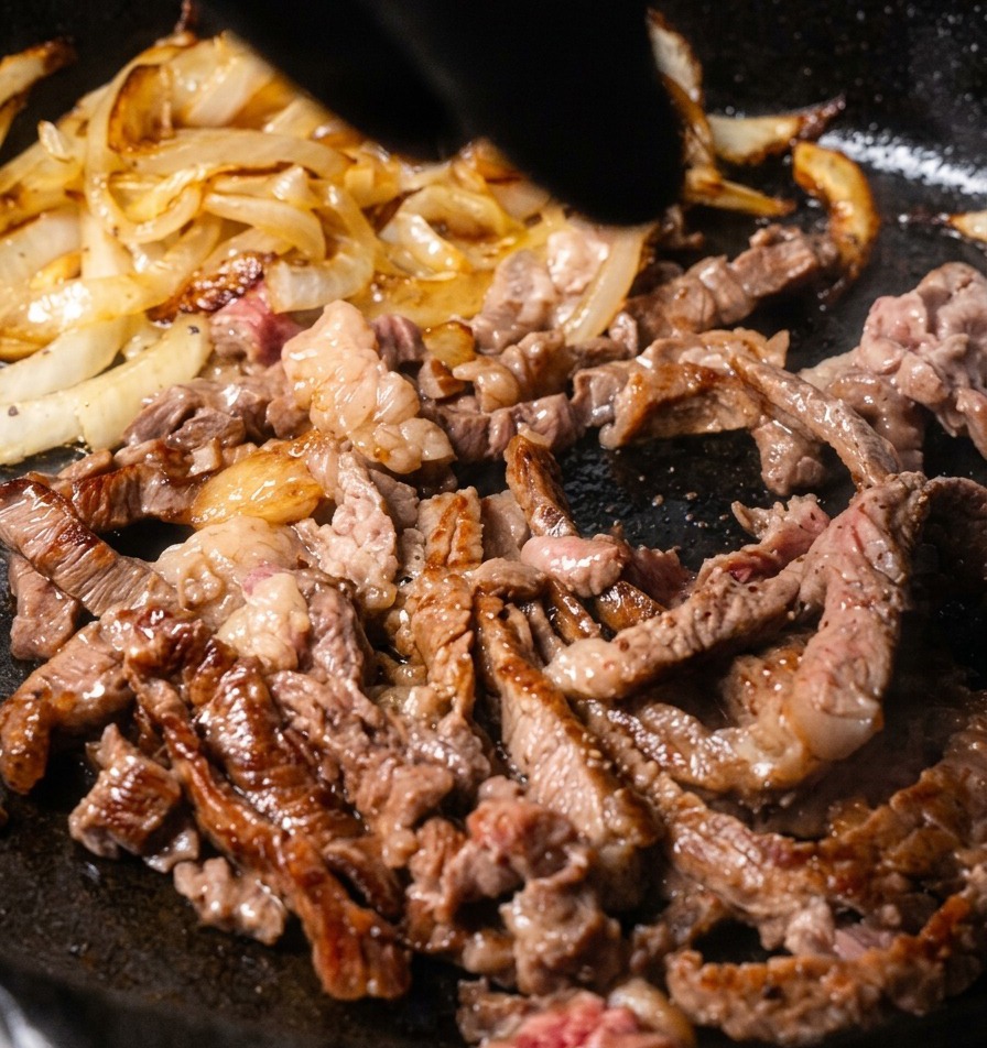 A close-up of black pepper being sprinkled onto browning beef strips and caramelized onions inside a dark skillet.