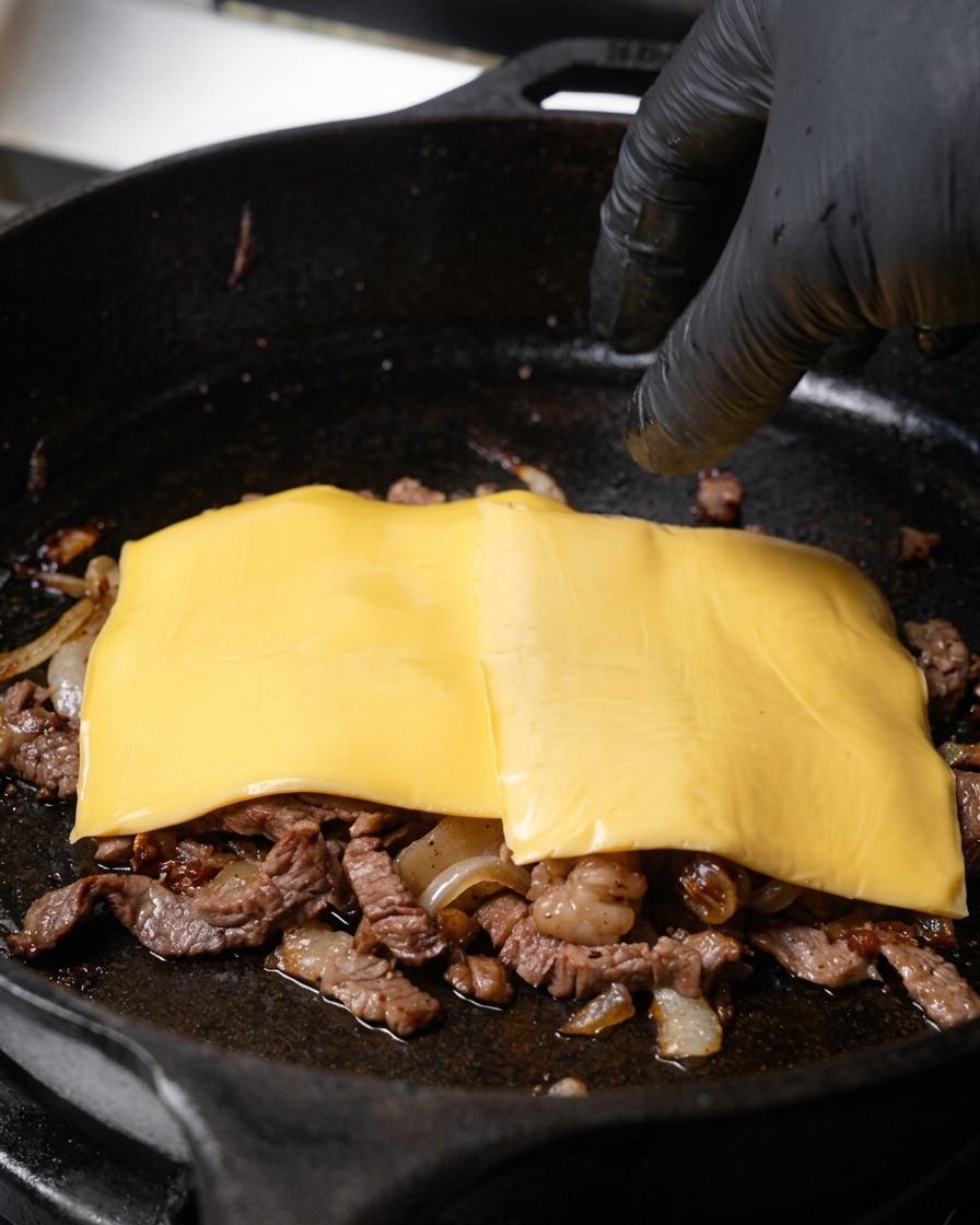 A gloved hand placing square slices of yellow cheese on top of a mixture of cooked sliced beef and onions in a cast-iron skillet.