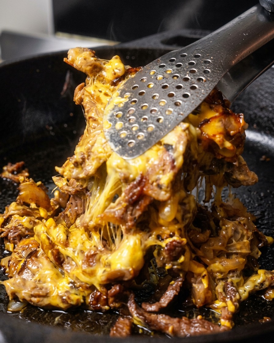 Metal tongs lifting a generous, gooey portion of melted cheese, sliced beef, and onions from a hot cast-iron skillet.