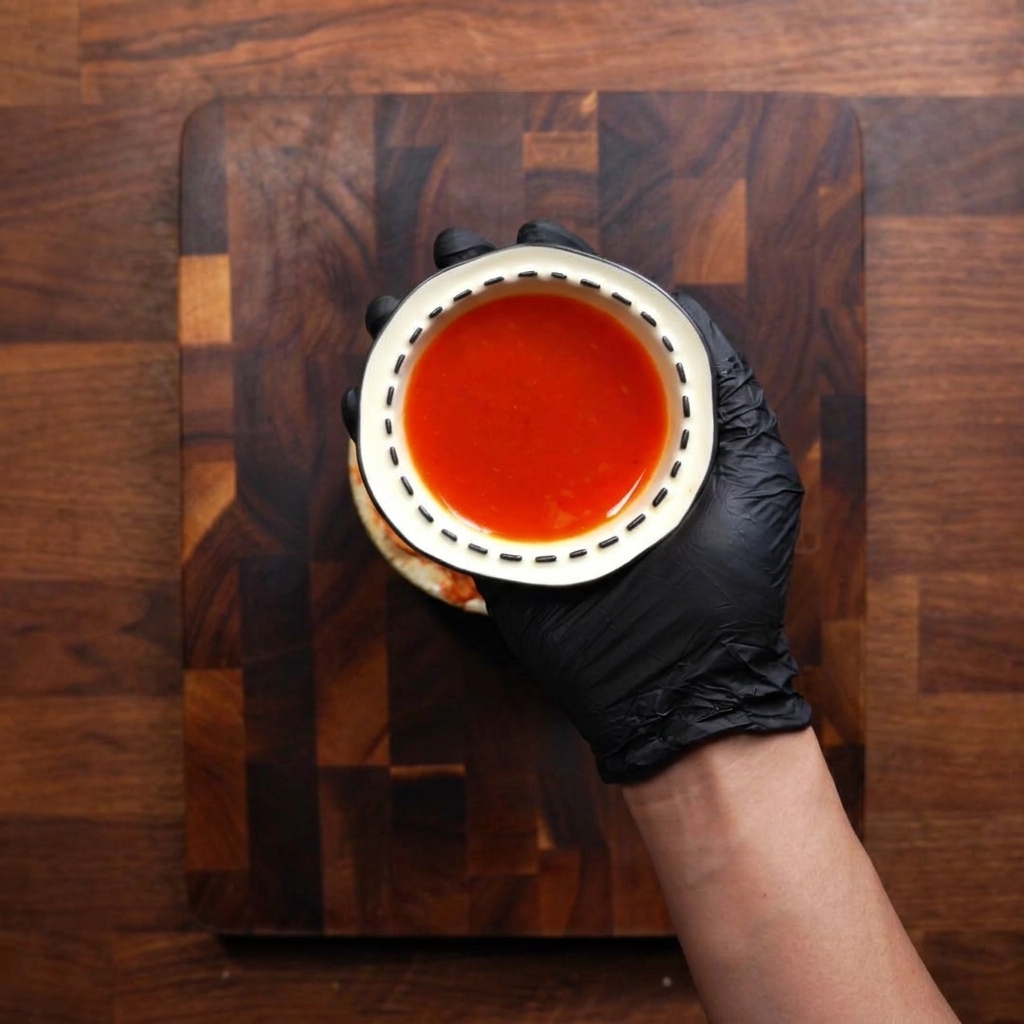 A hand in a black glove holding a small white bowl filled with vibrant red, opaque kimchi juice against a dark wooden background.