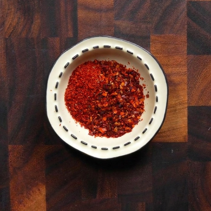 A small decorative white bowl filled with a mixture of bright red fine and coarse Korean chili flakes.
