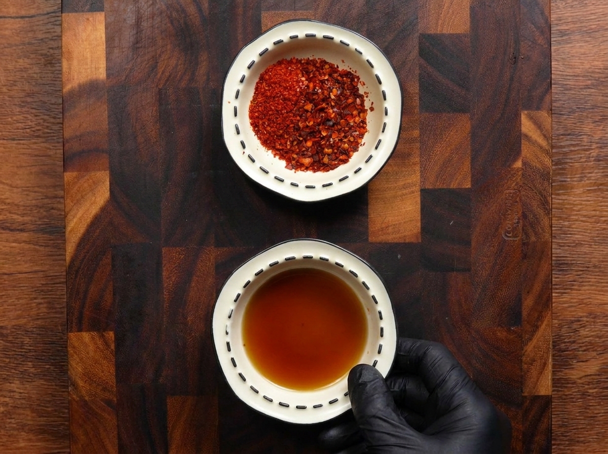 Top down view of two small bowls on a wooden cutting board one filled with vibrant red chili flakes and powder and the other with a dark savory liquid.