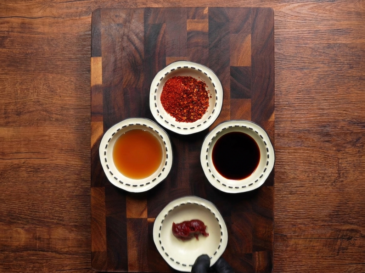 A top down view of four small bowls containing chili flakes light soy sauce fish sauce and a gloved hand adding a spoonful of red gochujang paste.