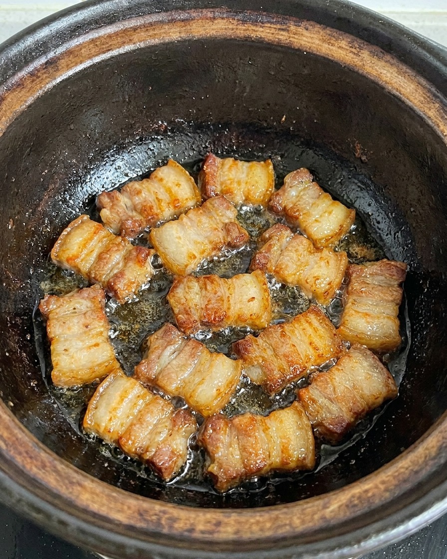 Slices of pork belly sizzling and browning in a dark clay pot, bubbling in their own rendered fat.