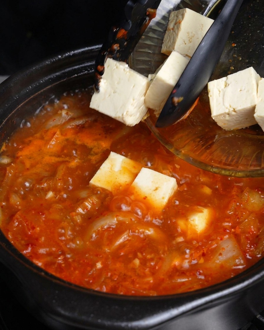 Sliding fresh white tofu cubes from a glass bowl into a boiling pot of red kimchi soup.