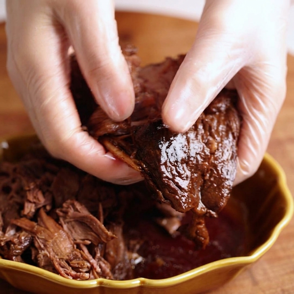 Two hands wearing clear plastic gloves gently tearing apart a dark, saucy piece of braised beef into smaller shreds.