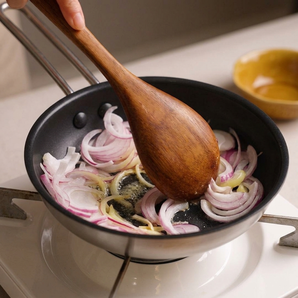 A wooden spatula stirring sliced red onions in a small black skillet with melted butter.