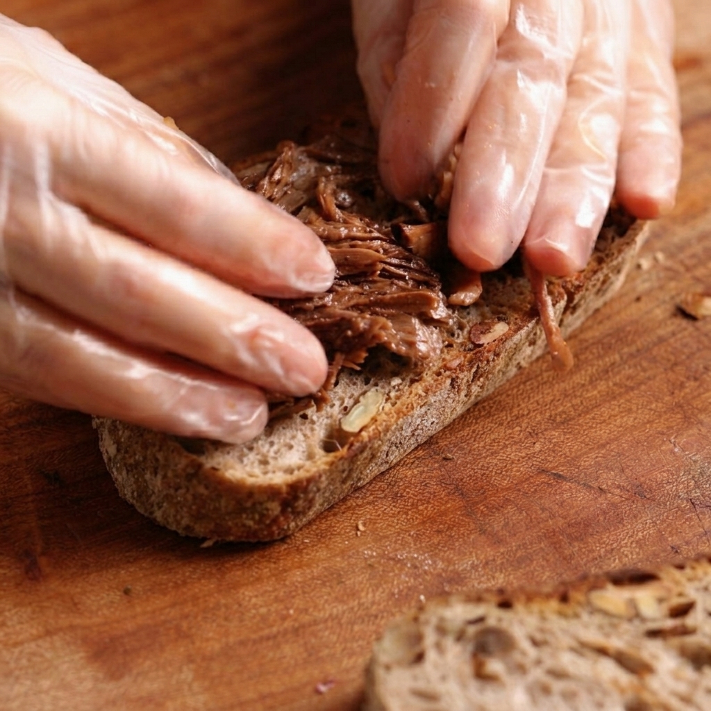 Gloved hands carefully arranging a large mound of shredded braised beef onto a slice of toasted bread.