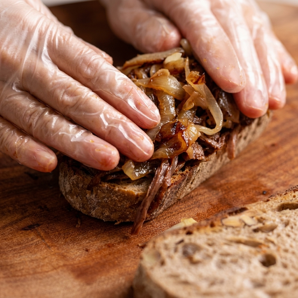 Gloved hands layering soft, translucent caramelized onions over shredded beef on a piece of rustic bread.