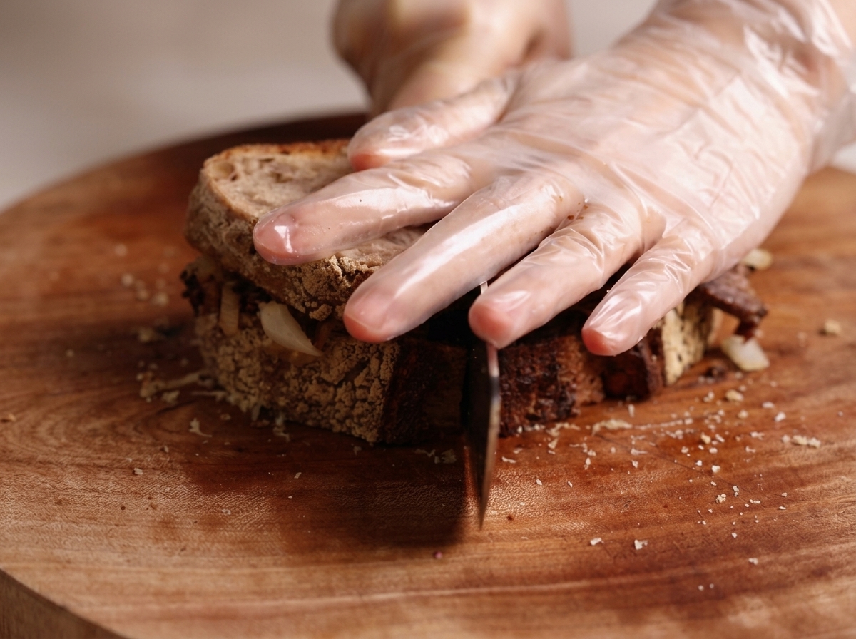 Gloved hands pressing down on a thick, assembled beef sandwich while slicing it in half with a large knife on a wooden board.