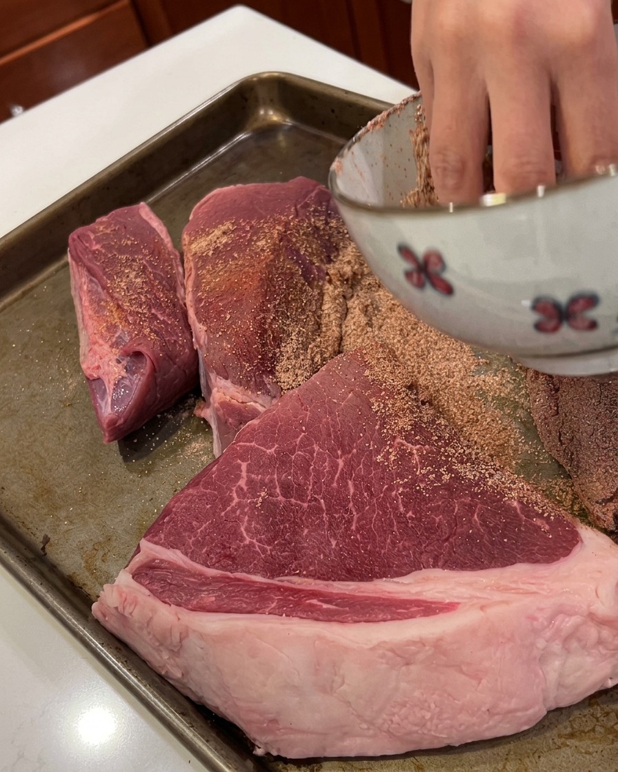 A hand pouring a dry spice rub from a bowl over large pieces of raw beef on a metal baking sheet.