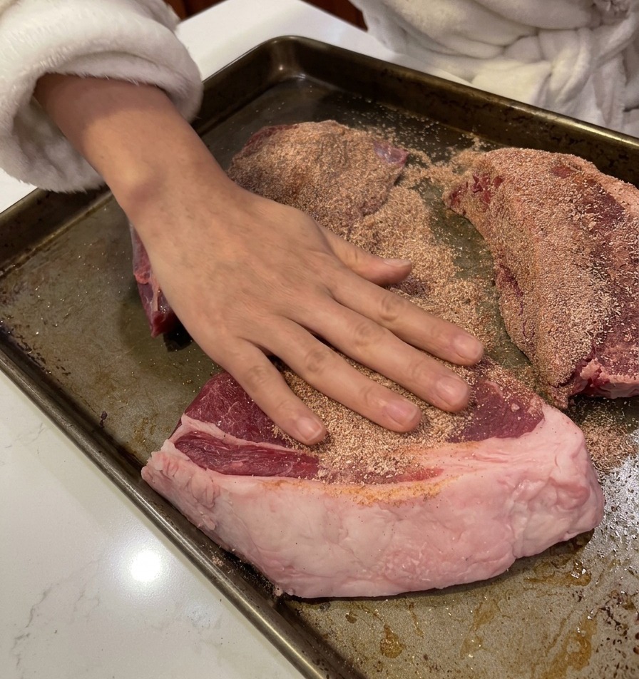 A hand firmly rubbing a dry spice blend into the surface of raw beef cuts on a baking sheet.