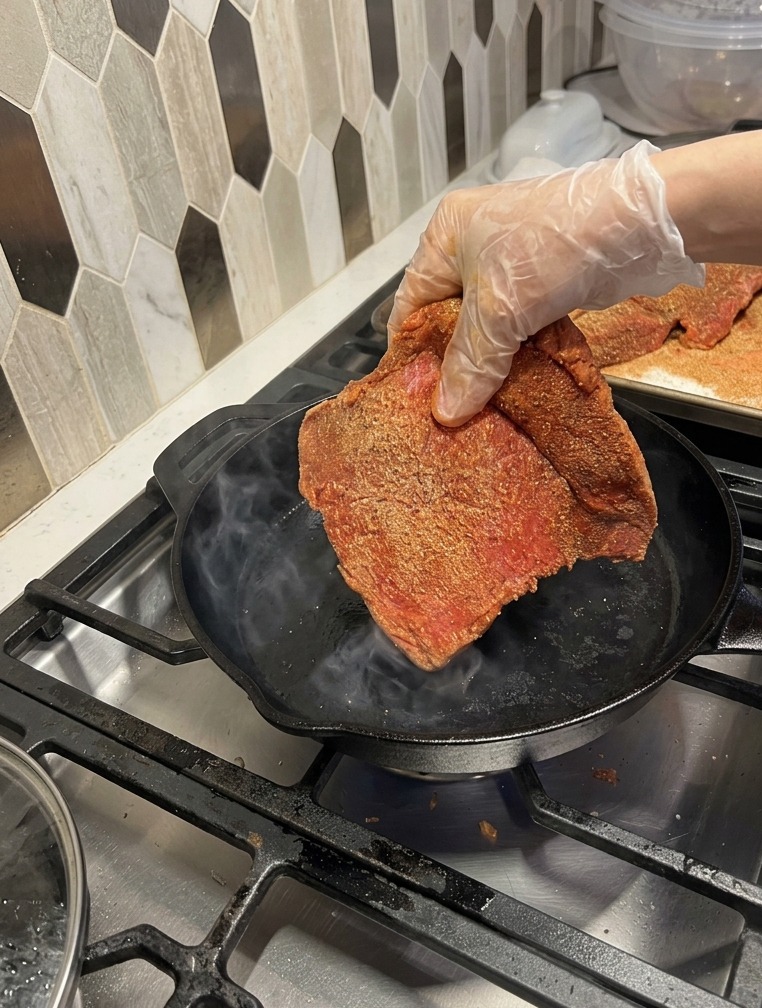 A gloved hand placing a large piece of spice-rubbed beef into a smoking hot cast iron skillet.