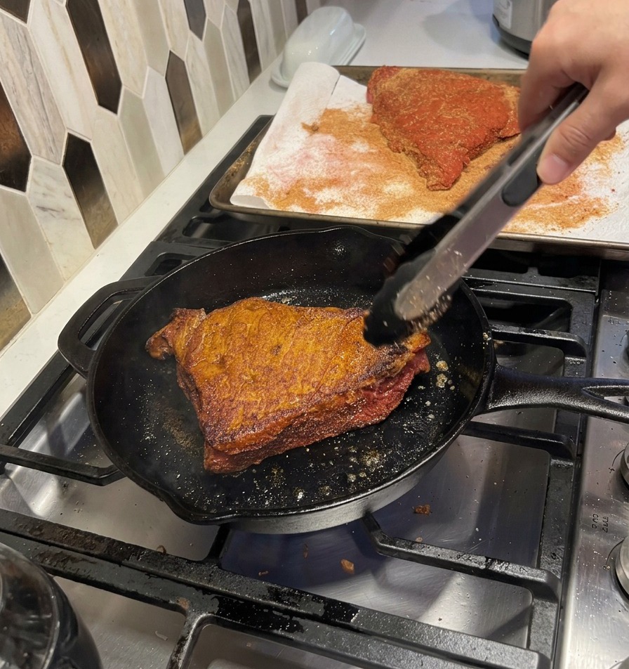 Several seasoned beef chunks browning evenly in a hot cast iron skillet.