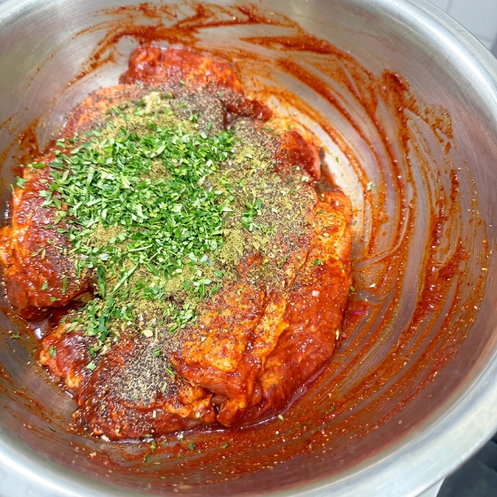 Raw pork in a metal bowl topped with red paprika, green chopped parsley, and various dry seasonings.