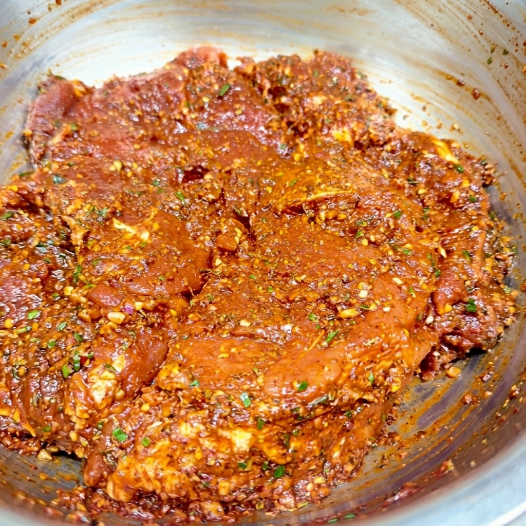 Pork pieces completely coated in a thick, red, herb-speckled spice marinade inside a bowl.