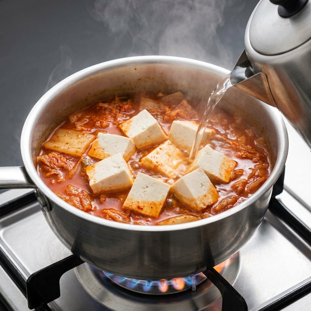 Hot water being poured from a metal kettle into a bright pot filled with a red broth, kimchi, and cubed tofu.
