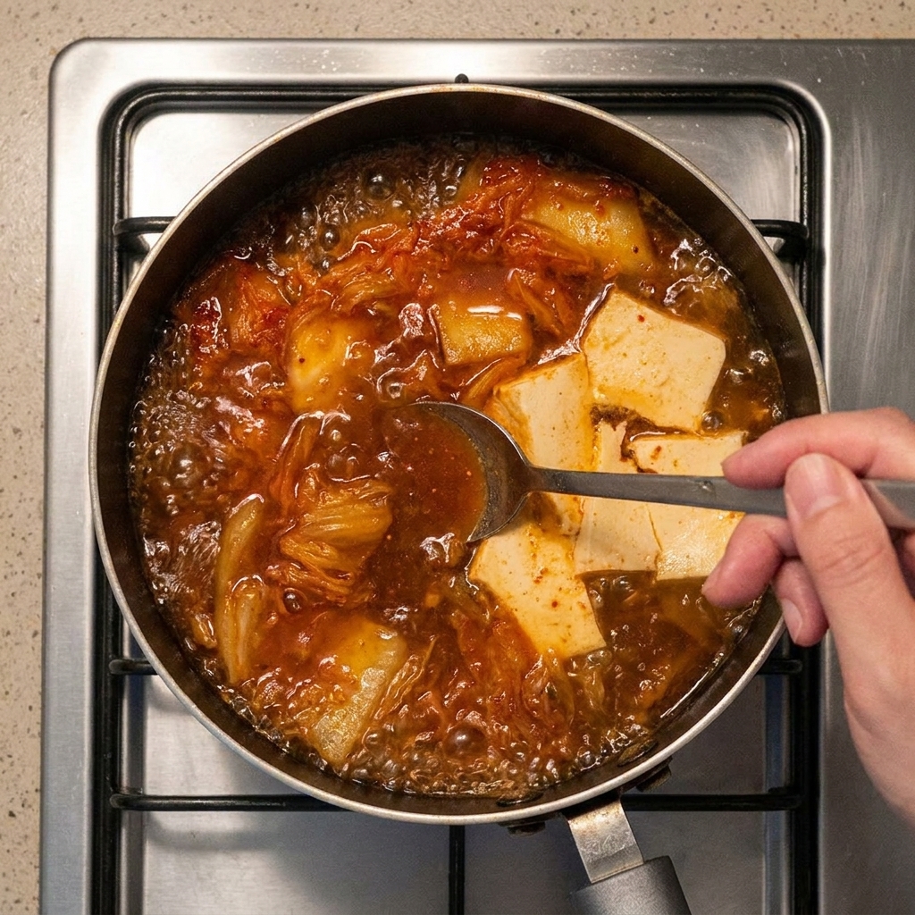 A metal spoon stirring a bubbling red broth with large chunks of silken tofu and kimchi in a saucepan.