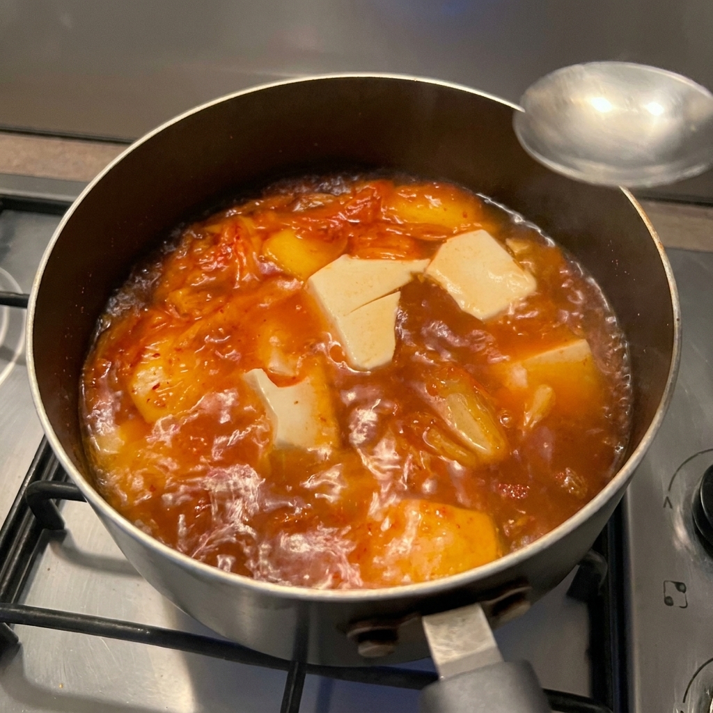 A metal spoon hovering over a simmering pot of kimchi and tofu soup, adding liquid seasoning.