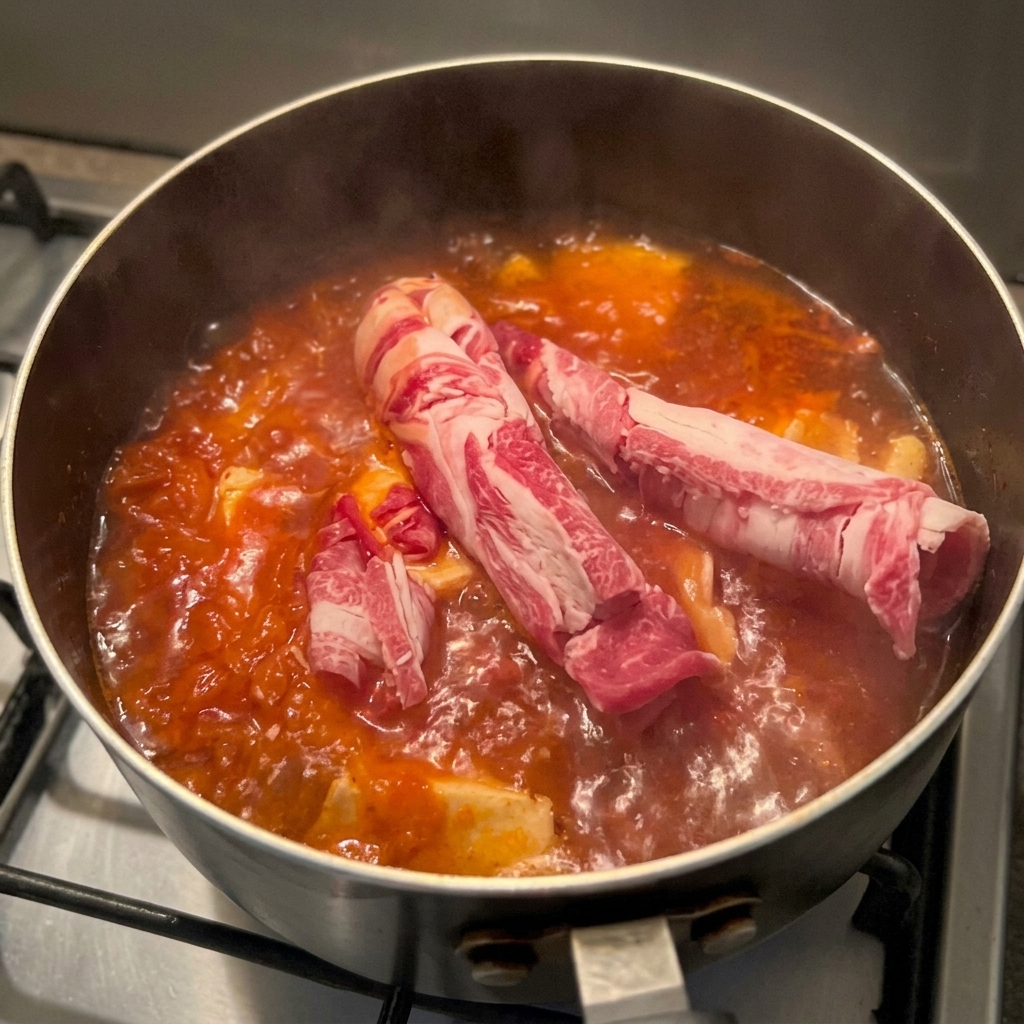 Thinly rolled raw beef slices resting in a bubbling red broth with tofu and kimchi in a saucepan.