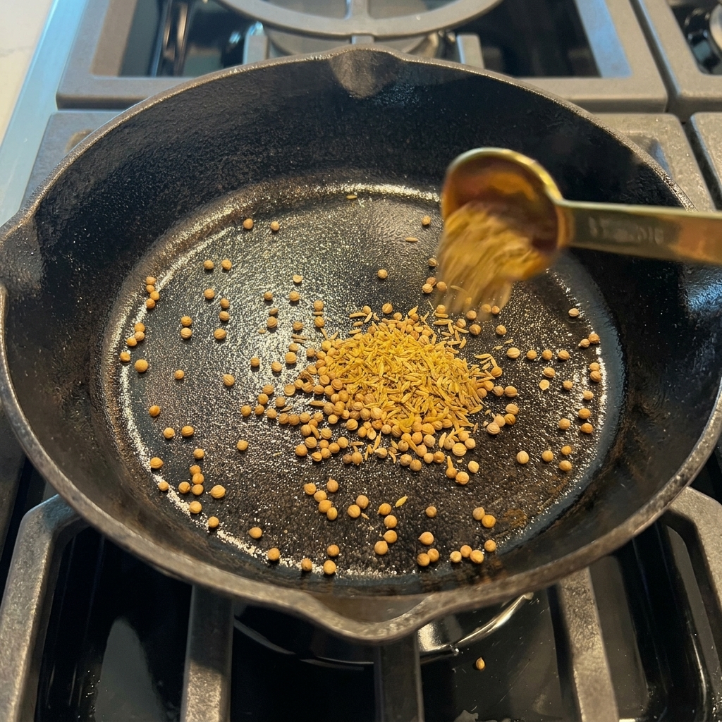Whole coriander, cumin, and peppercorns being toasted in a black cast iron skillet on a gas stove top.