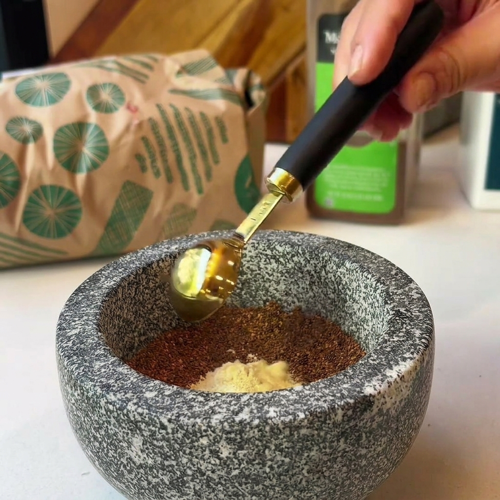 A golden measuring spoon adding light yellow mustard powder to a mixture of spices and brown sugar in a stone mortar.