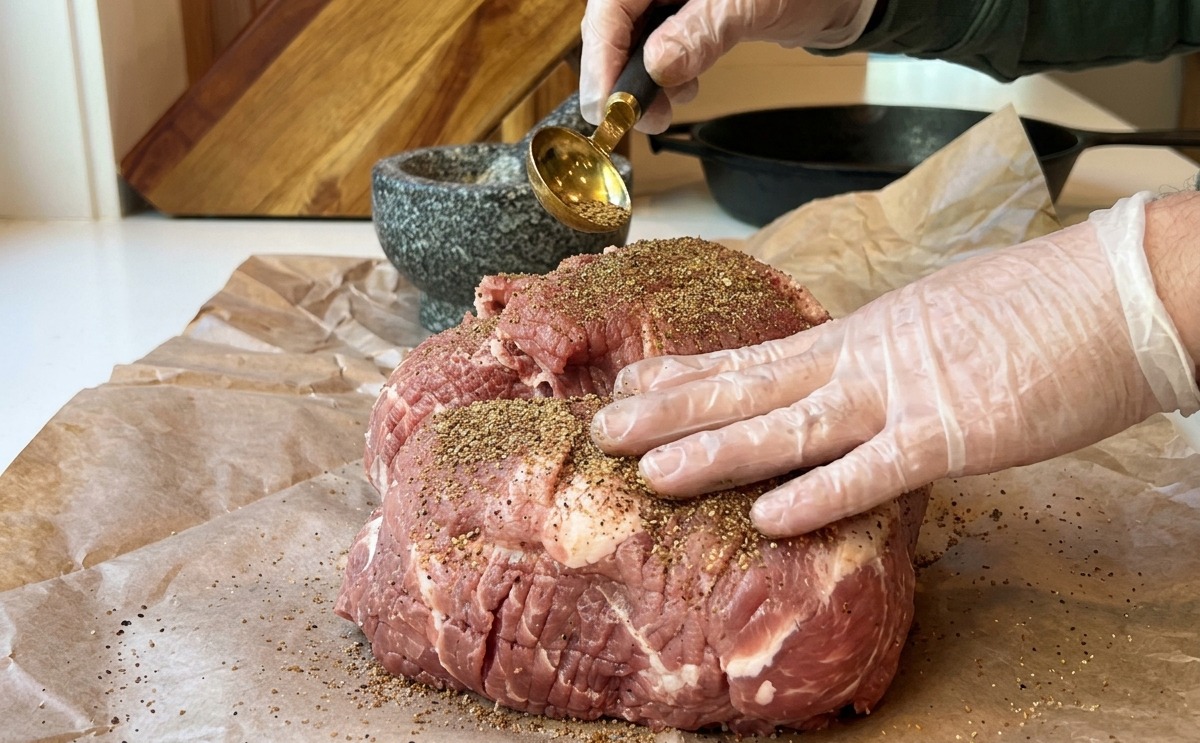 Gloved hands rubbing a dark red spice mixture onto a large, raw pork shoulder butt resting on parchment paper.