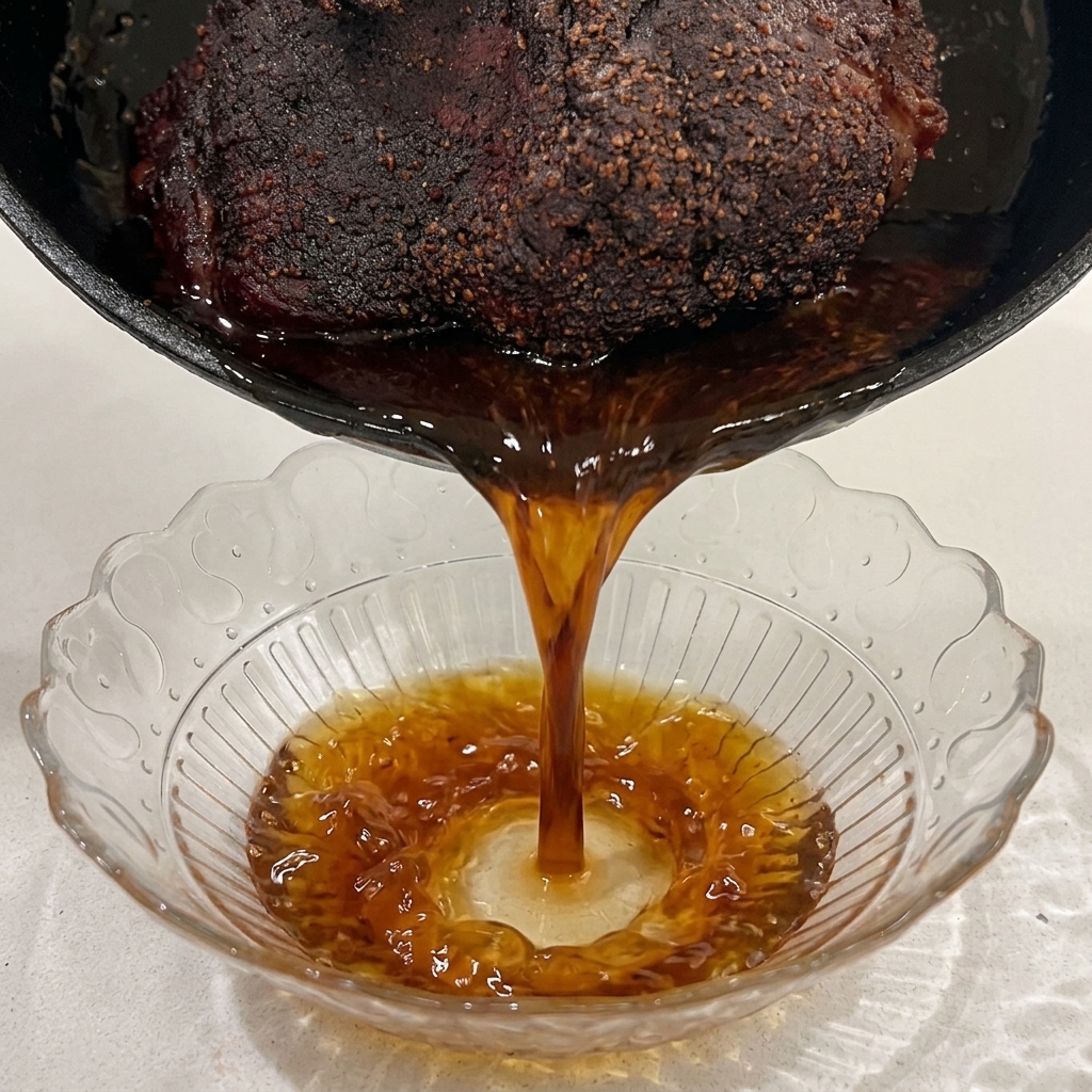 Dark, rich brown pork drippings being poured from a skillet into a decorative clear glass bowl.