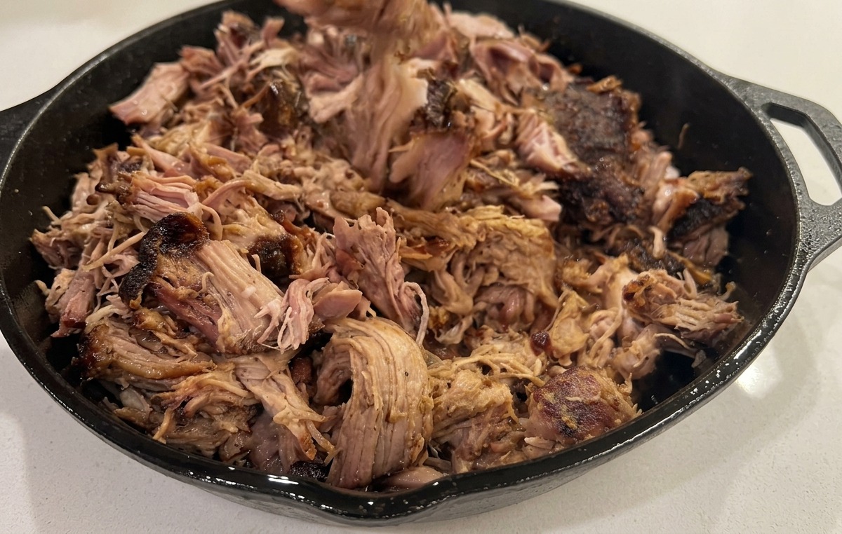 Two forks pulling apart tender, cooked pork shoulder in a cast iron skillet.