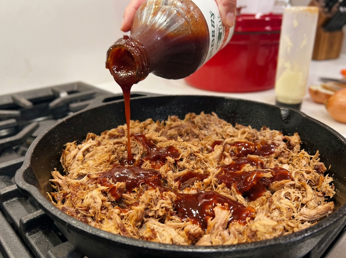 Pouring dark barbecue sauce from a bottle over a pan of shredded pork.
