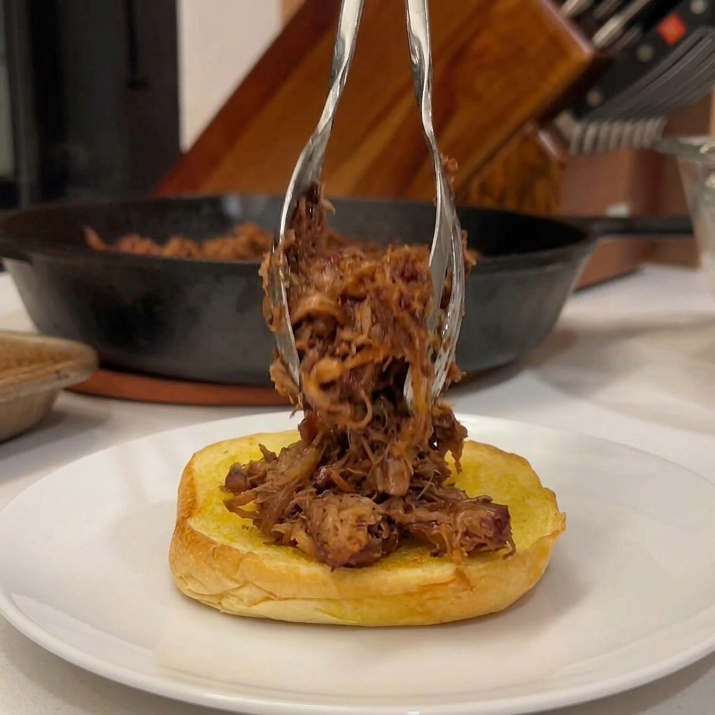 Metal tongs placing a mound of BBQ pulled pork onto a buttered, toasted bun.