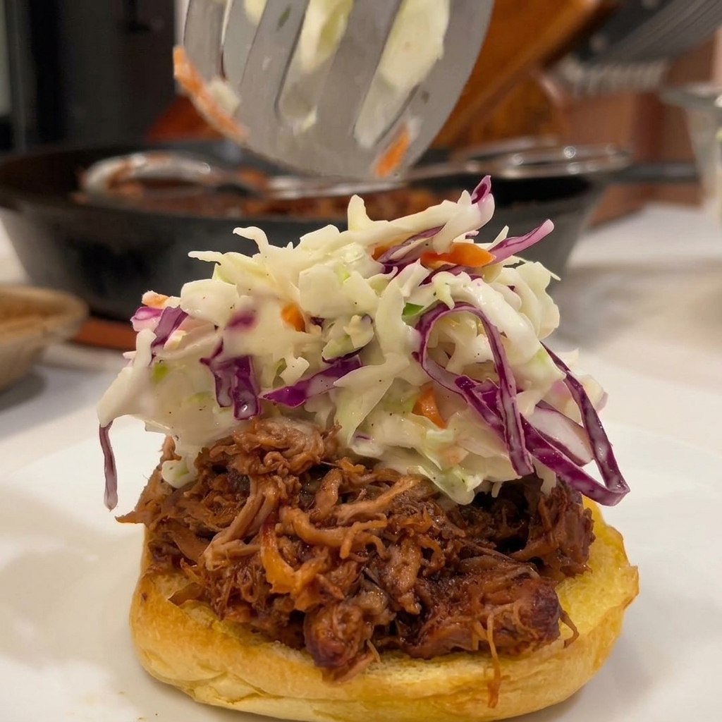 A slotted spoon dropping creamy, colorful coleslaw onto a pulled pork sandwich.