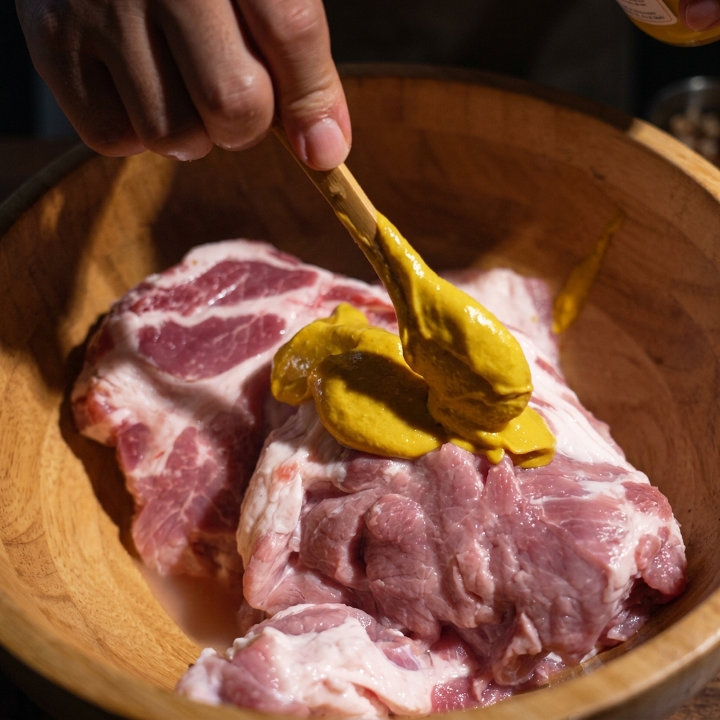 A wooden spatula spreading bright yellow mustard over large pieces of raw pork collar in a wooden bowl.