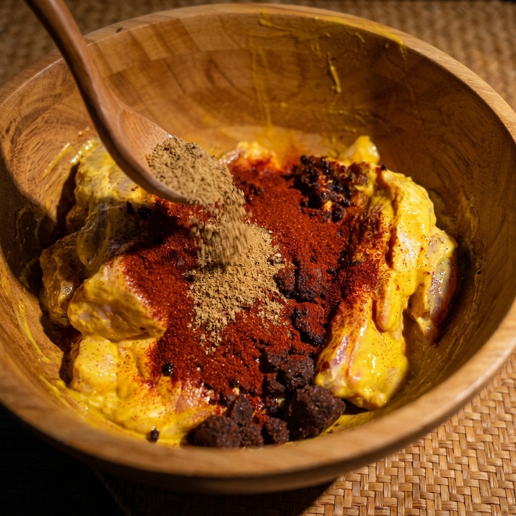 A wooden spoon adding dry spices like paprika, cumin, and brown sugar to a bowl with mustard-coated raw pork.