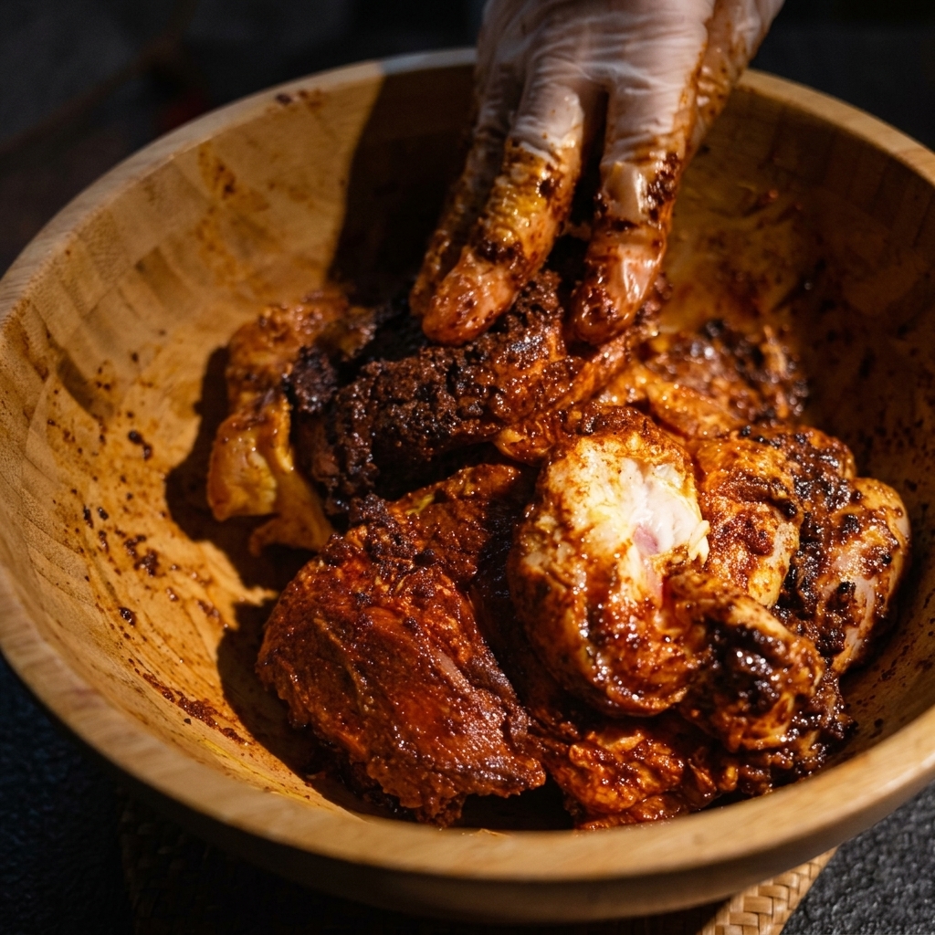 Gloved hands firmly rubbing a dark, reddish-brown spice mixture into raw pork pieces inside a wooden bowl.