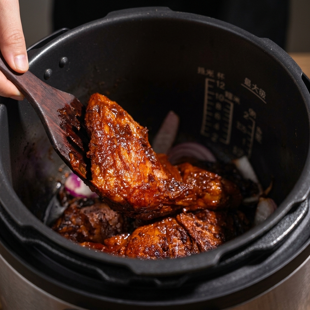 Using a wooden spatula to place large, browned, seared chunks of pork into a black pressure cooker pot over sliced red onions.