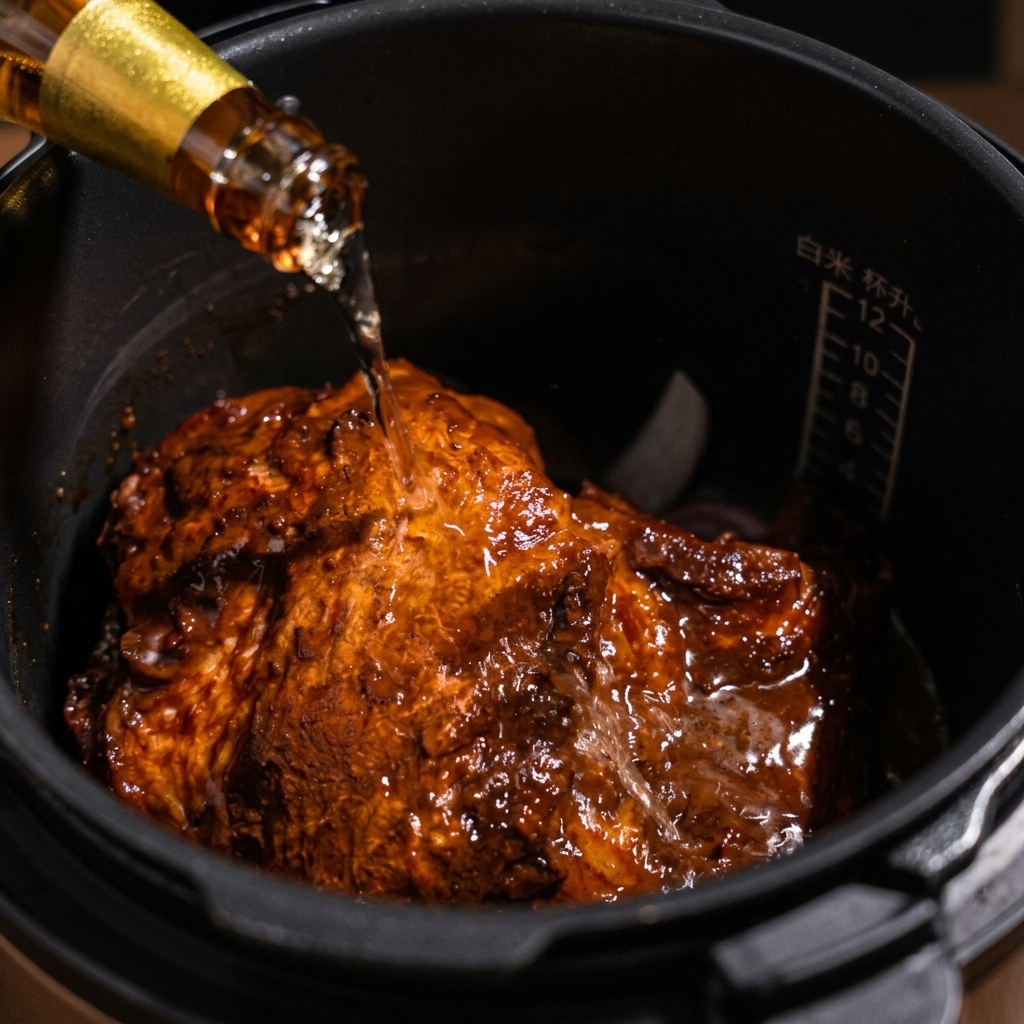 Pouring a bottle of light beer into a pressure cooker filled with seared pork and red onions.