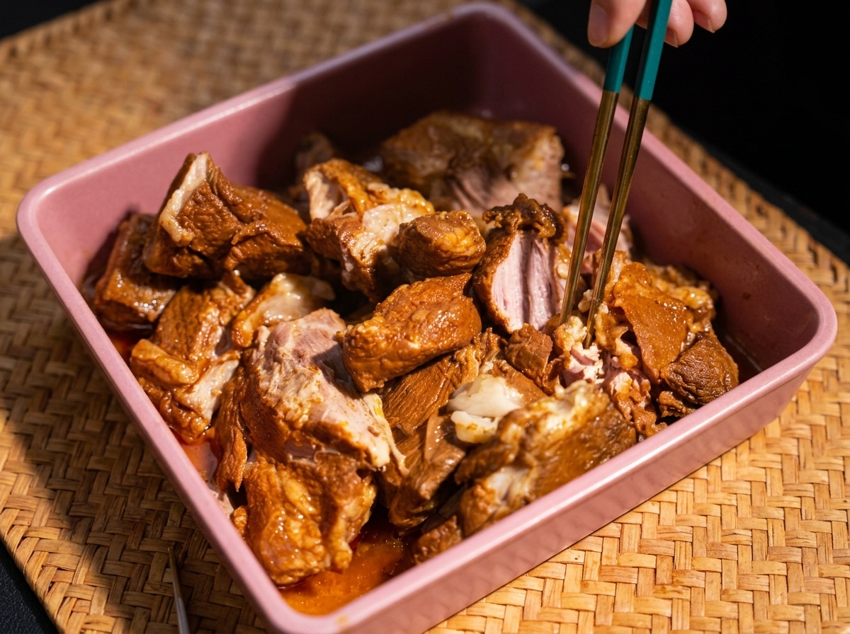 Large chunks of cooked, tender pork being pulled apart with metal utensils in a square pink dish.