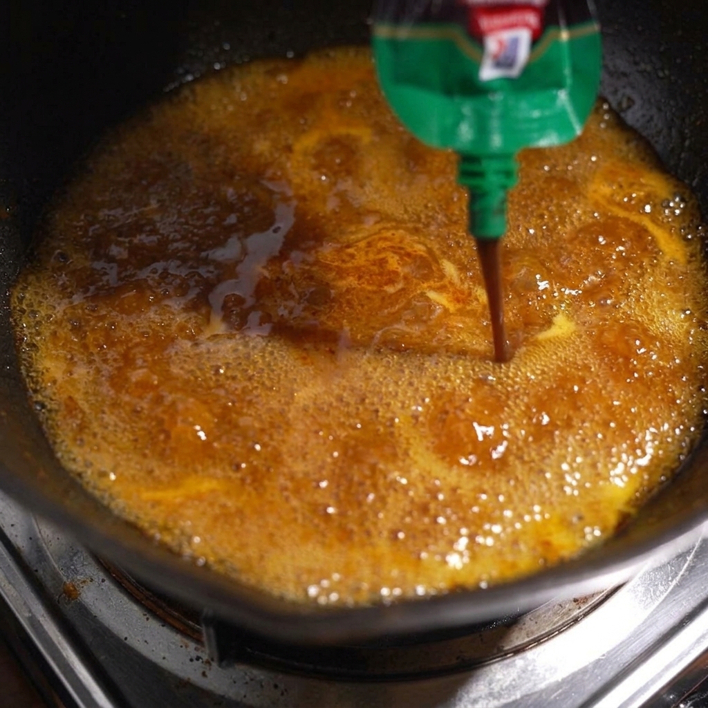 Squeezing black pepper sauce from a green bottle into a pan of bubbling, reducing brown cooking liquid.