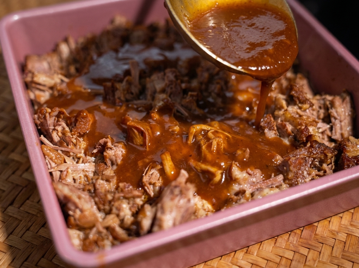 A metal ladle pouring a rich, dark, thickened sauce evenly over a tray full of shredded pulled pork.