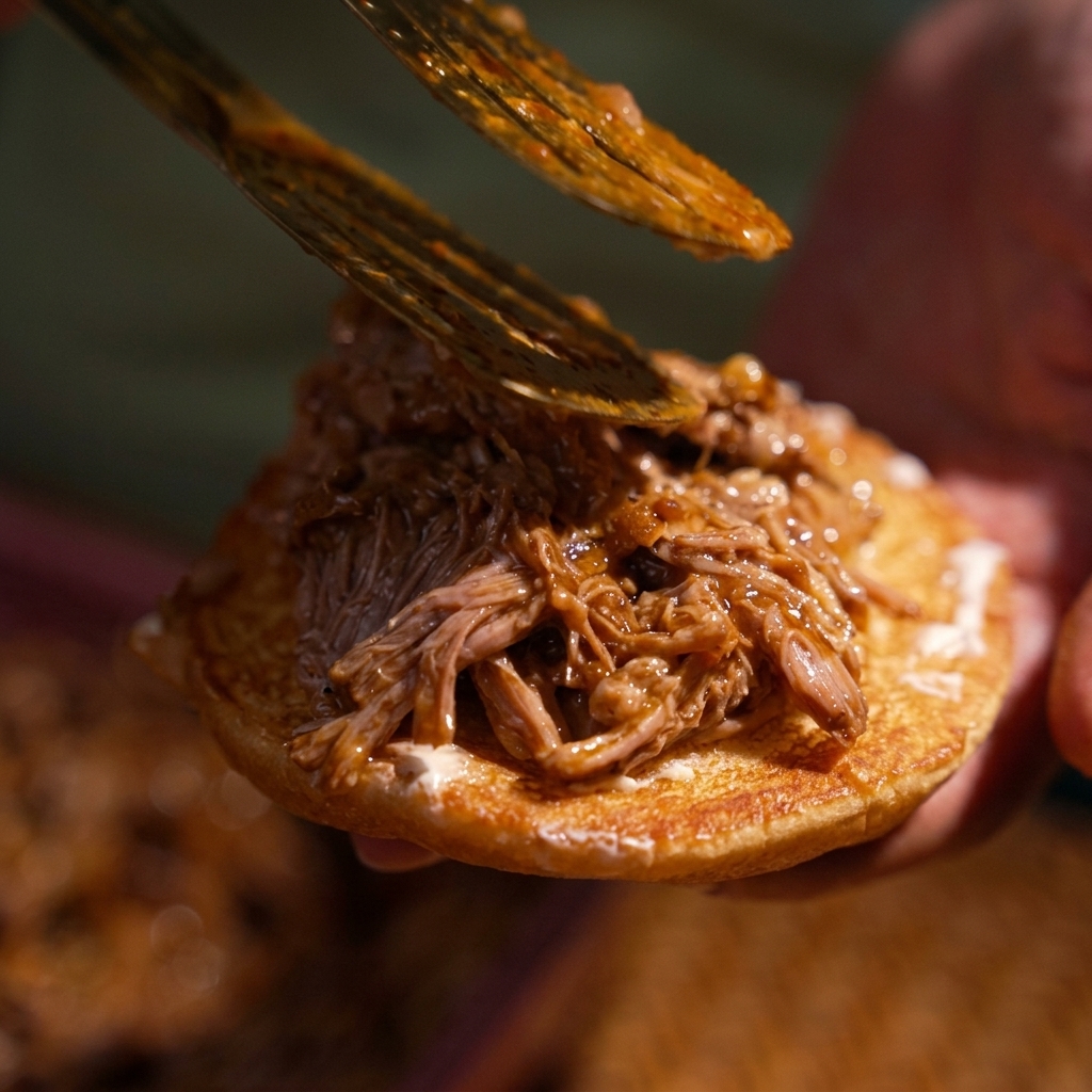Tongs holding a generous portion of saucy pulled pork, placing it onto the toasted bottom half of a burger bun.