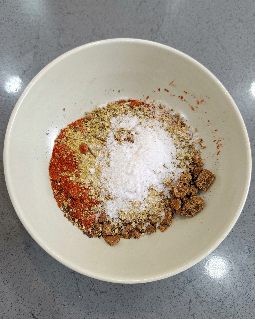 A white bowl filled with a colorful mix of spices, salt, and brown sugar clumps ready to be blended.