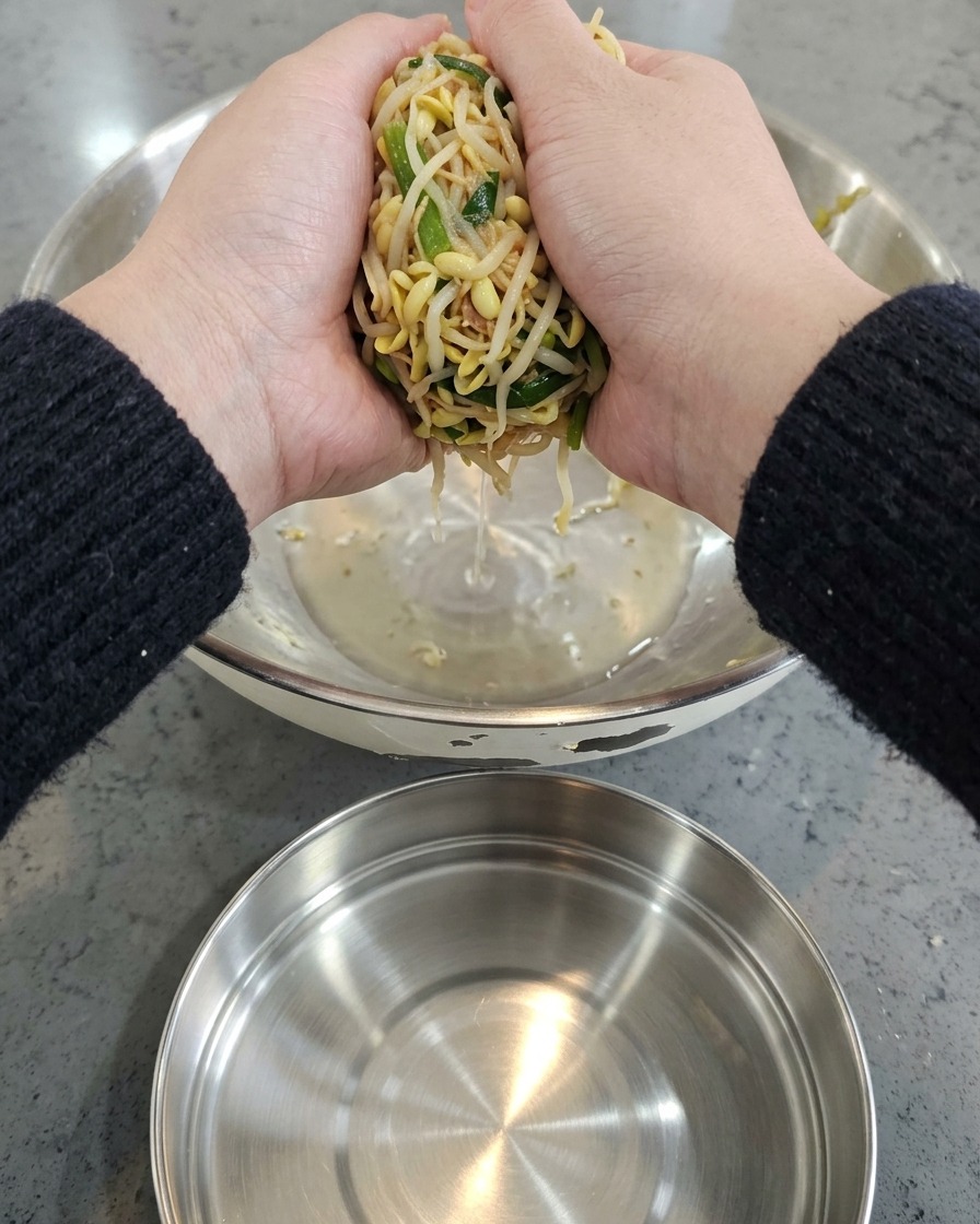 Two hands firmly squeezing excess water out of a handful of washed sauerkraut over a metal bowl.