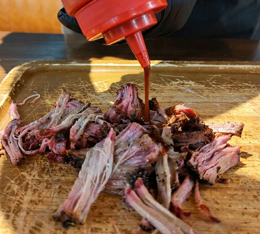 Red squeeze bottle pouring dark BBQ sauce over a pile of shredded pork on a wooden board.