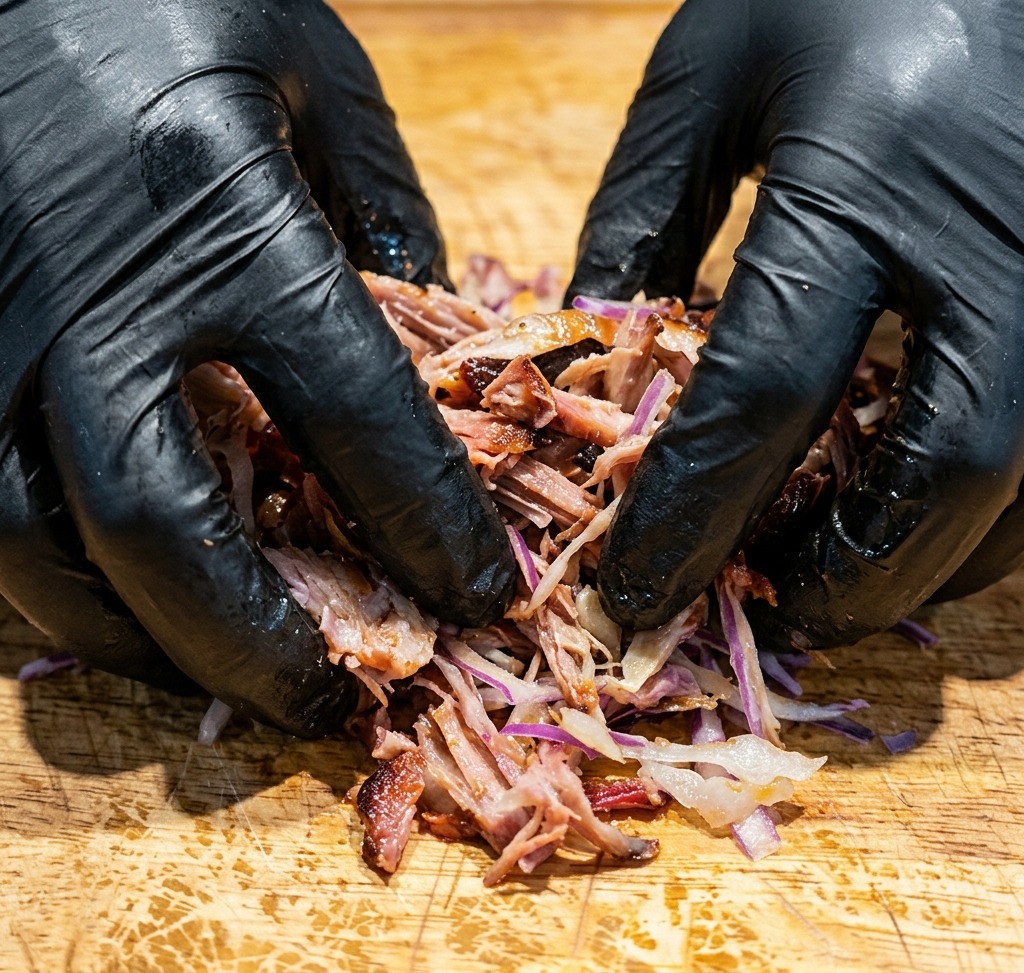 Gloved hands thoroughly mixing shredded pork, coleslaw, and sauces together on a wooden board.