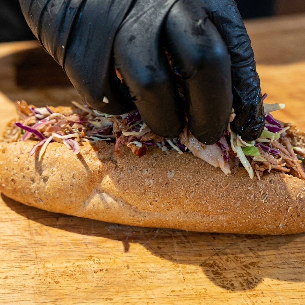 Gloved hands firmly stuffing a rich mixture of shredded pulled pork and vibrant coleslaw into a split whole wheat baguette.