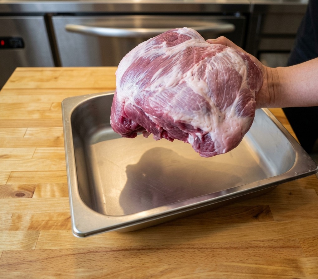 A person holding a large, whole raw pork shoulder over a stainless steel metal tray.