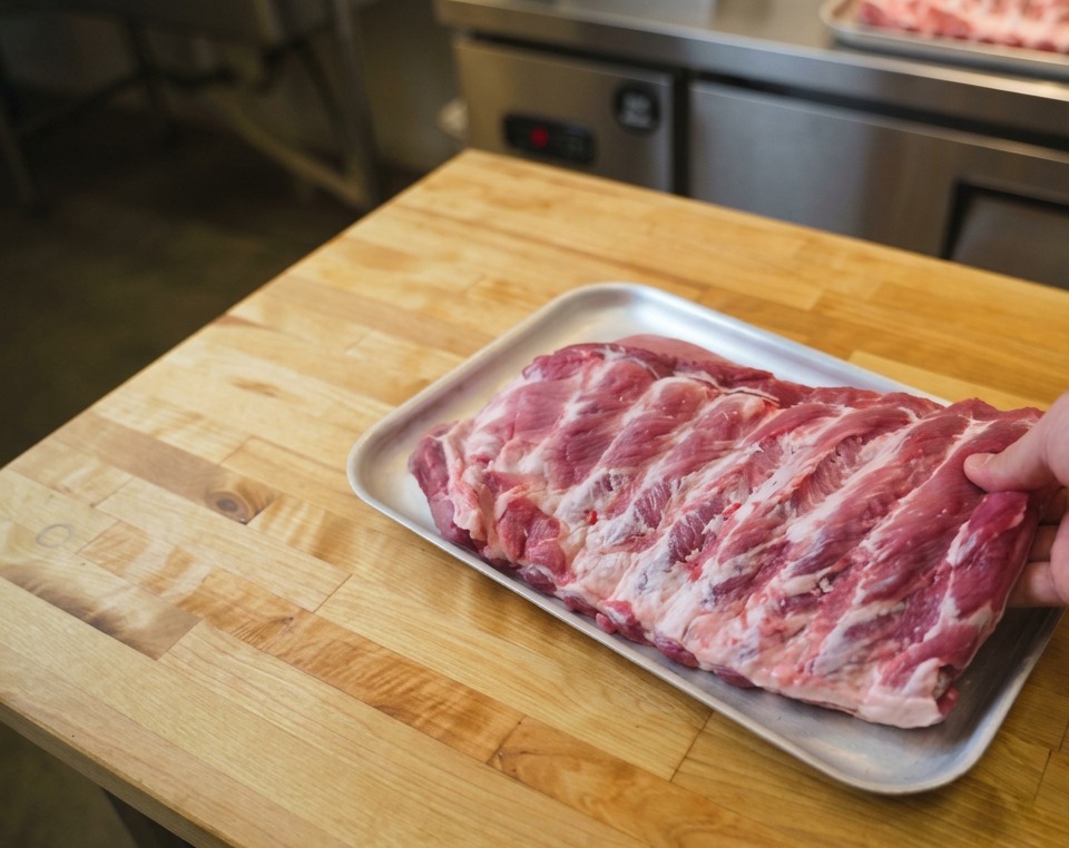 A hand placing a fresh rack of raw pork ribs onto a light wooden butcher block table.